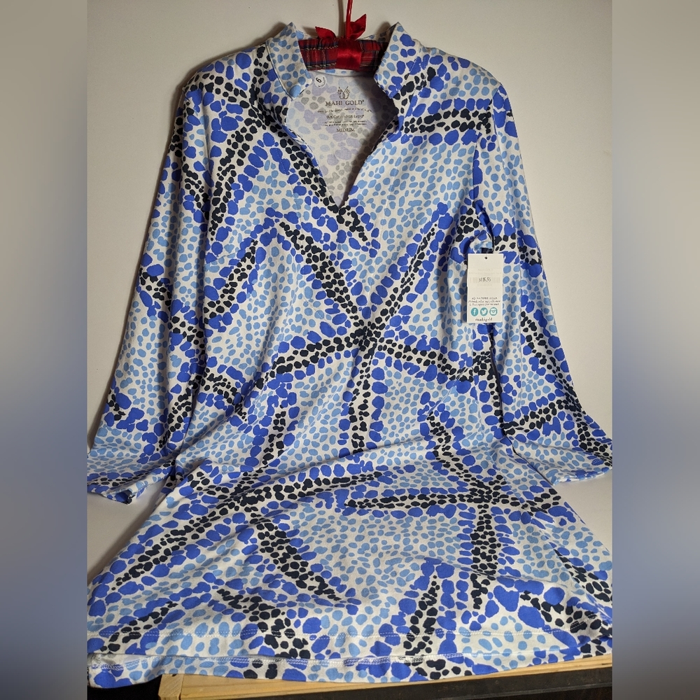 Mahi Gold Blue White Starfish Dress New Medium